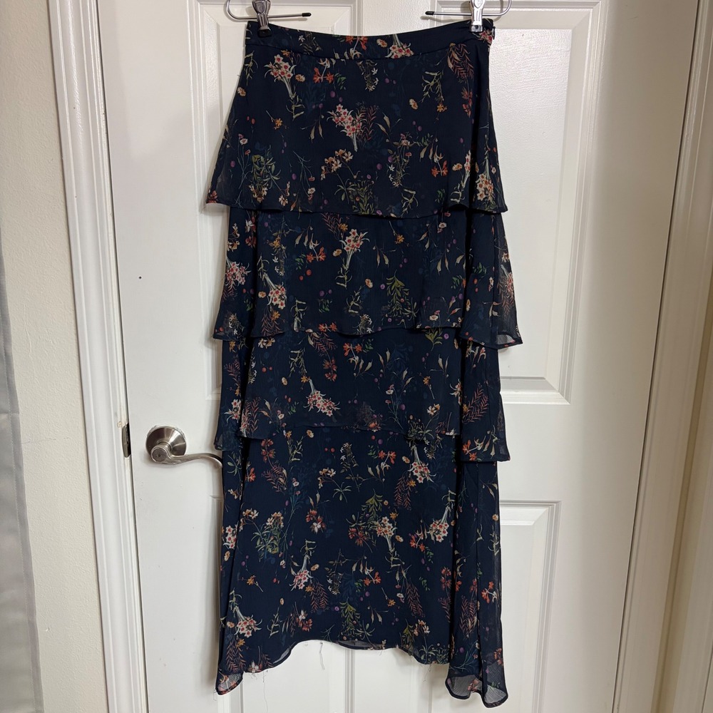 Anthropologie Maeve Navy Floral Tiered Maxi Skirt XS Boho Chiffon Smocked Back